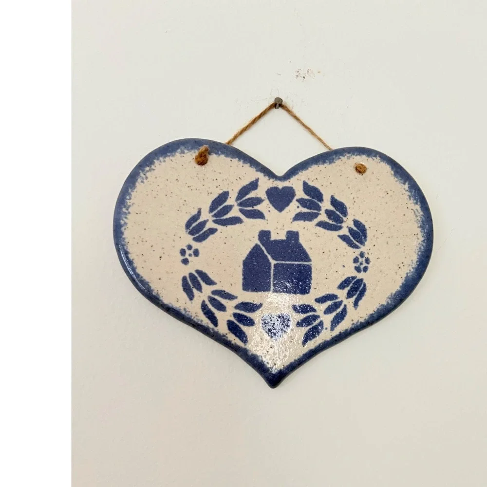 Vintage Folk Art Ceramic Heart Wall Plaque Blue Salt Glaze House Signed KM